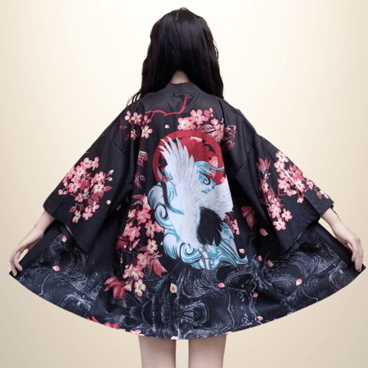 Kimono japonais femme Grue Noir / Taille Unique