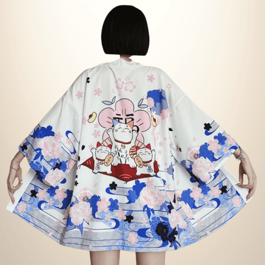 Kimono japonais femme HappyCat Blanc/Bleu / Taille Unique