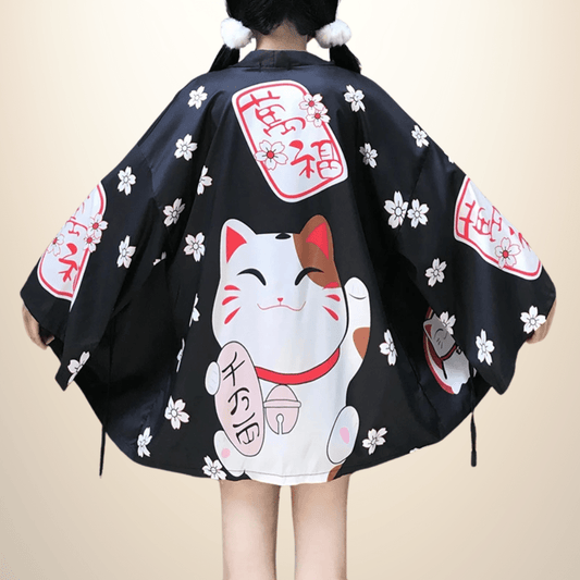 Kimono japonais femme Maneki-Neko Noir / Taille Unique