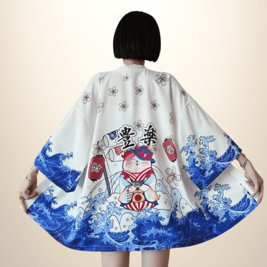 Kimono japonais femme SurfCat Blanc/Bleu / Taille Unique