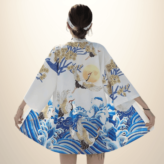 Kimono japonais femme WhiteGrue Blanc/Bleu / Taille Unique