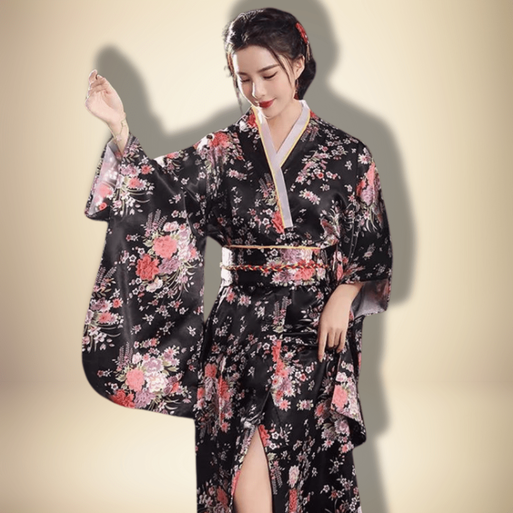 Kimono japonais traditionnel pour femme Noir/Rose / Taille Unique