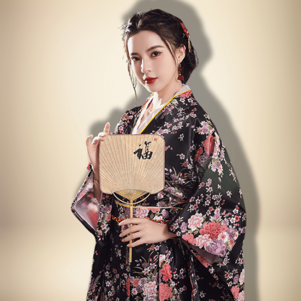 Kimono japonais traditionnel pour femme Noir/Rose / Taille Unique