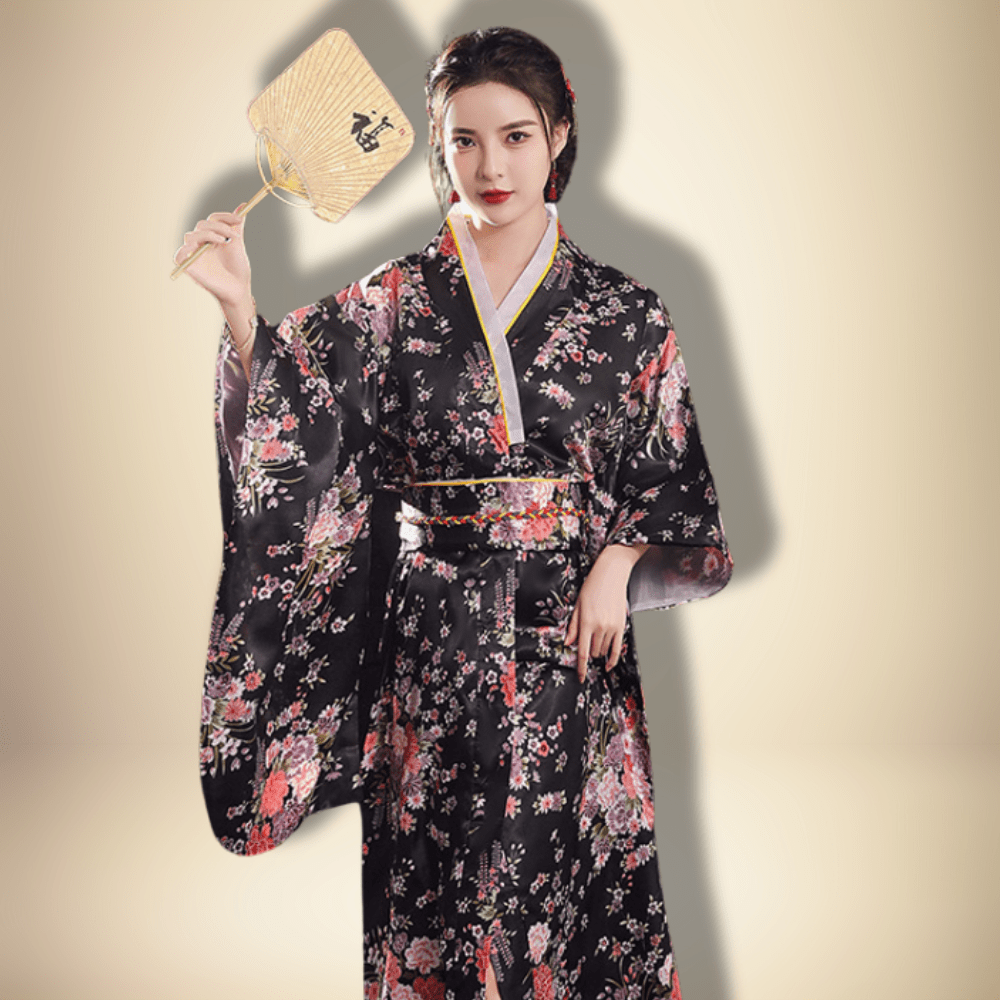 Kimono japonais traditionnel pour femme Noir/Rose / Taille Unique