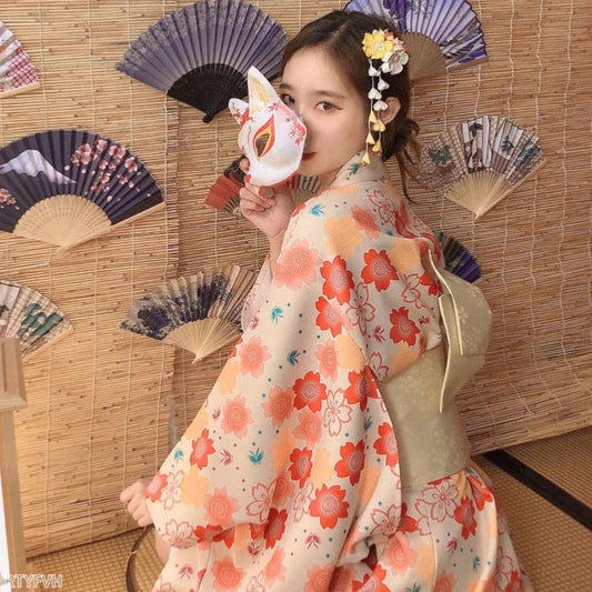 Kimono traditionnel japonais femme Eventail Beige / Taille Unique