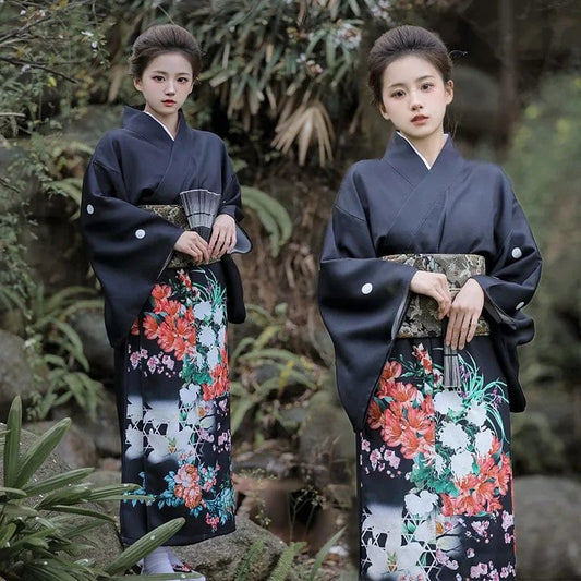 Kimono traditionnel japonais femme Jardin Bleu / Taille Unique