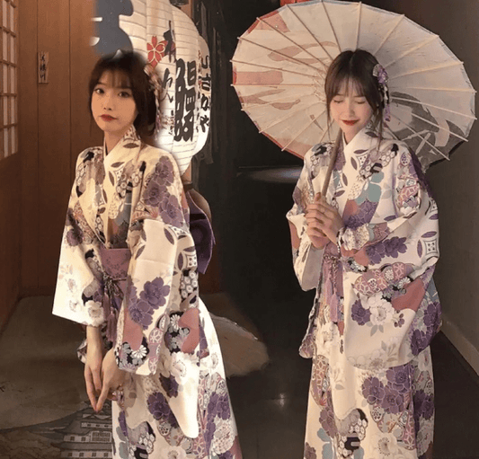 Kimono traditionnel japonais femme Rain Blanc/Violet / Taille Unique