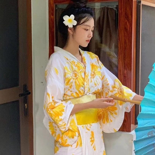 Kimono traditionnel japonais femme Sunshine Blanc/Jaune / Taille Unique