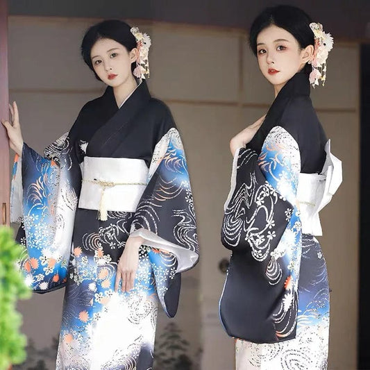 Kimono traditionnel japonais femme Waves Noir/Bleu / Taille Unique