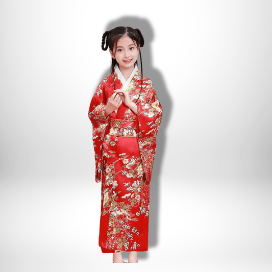 Kimono traditionnel japonais pour enfant Rouge/Vert / S: 110-120 cm