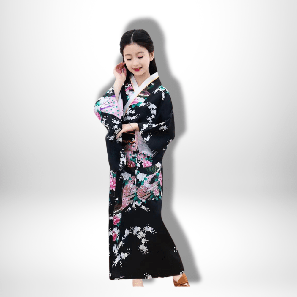 Kimono traditionnel japonais pour fille Noir / S: 110-120 cm