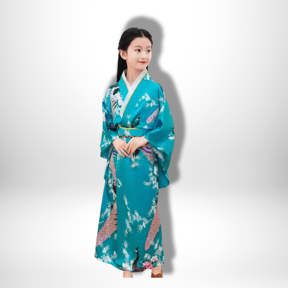 Kimono traditionnel japonais pour fille Turquoise / S: 110-120 cm