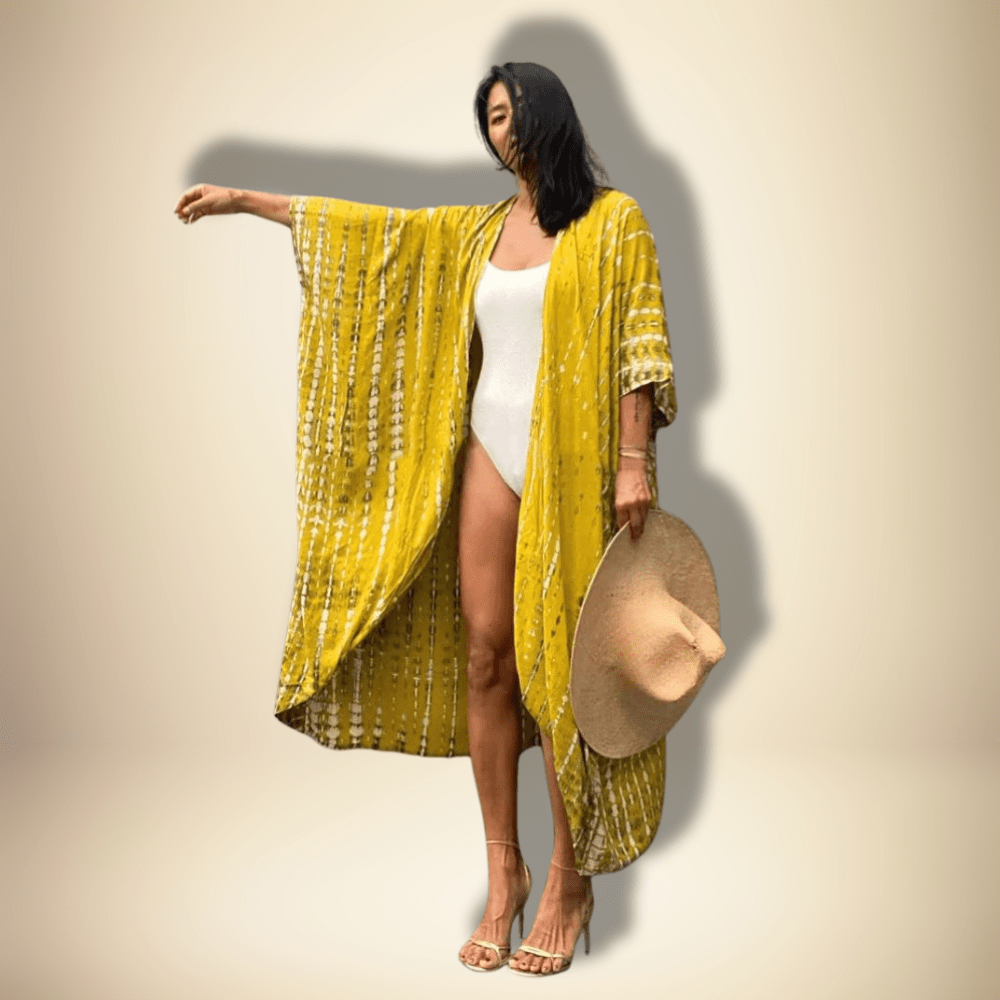 Robe Kimono Maxi Jaune/Blanc / Taille Unique